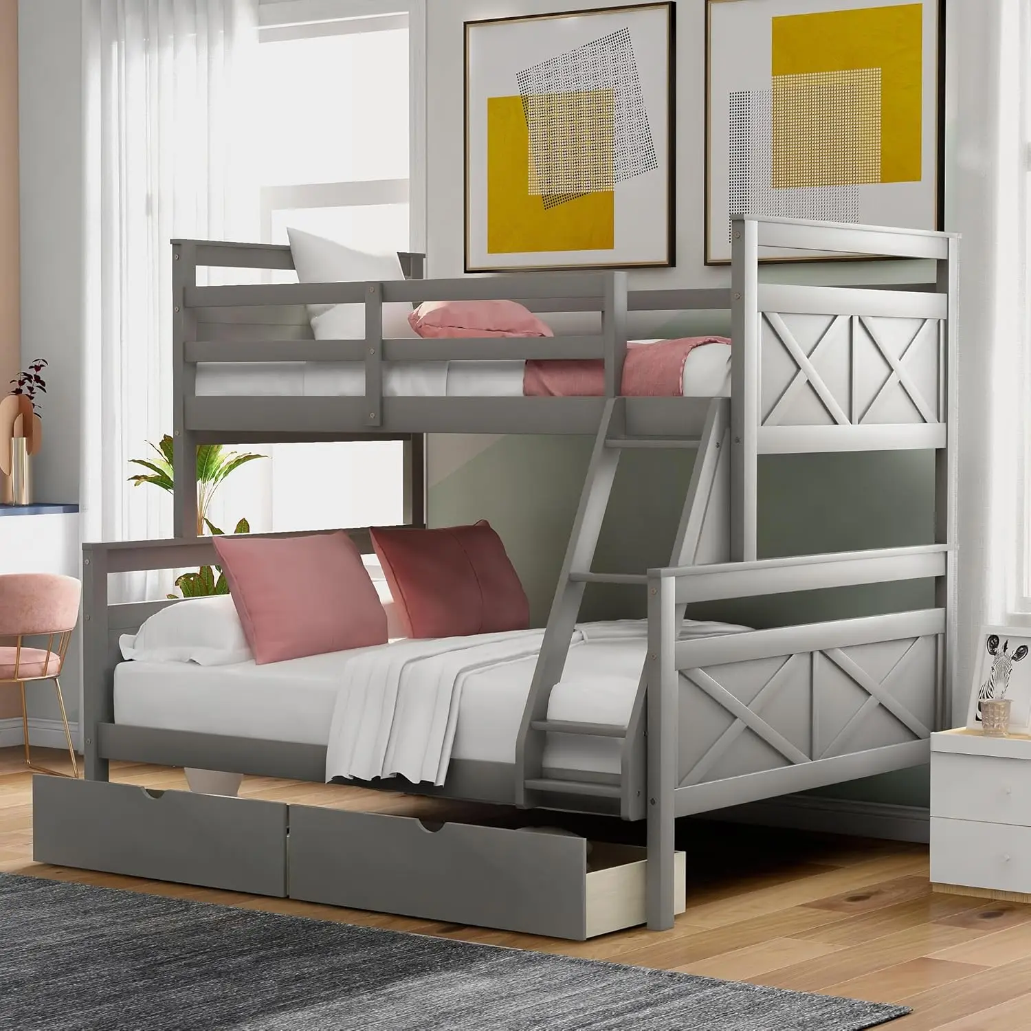 

Merax Twin Over Full Bunk Bed with 2 Storage Drawers, Ladder and Guardrail, Can be Converted into 2 Separated beds, Grey