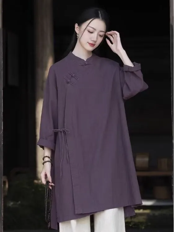 Women's Retro Cotton Linen Blouse Midi Length Zen Style New Chinese Style Tagless Fashionable Ethnic Tunic Top for Women