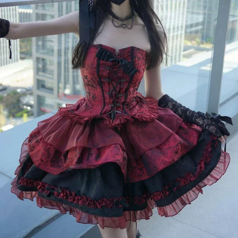 Victorian Gothic Lolita Dress Women Harajuku Y2k Lace Bow Evening Party Dresses Japanese Punk Style Slim Bandage Princess Dress