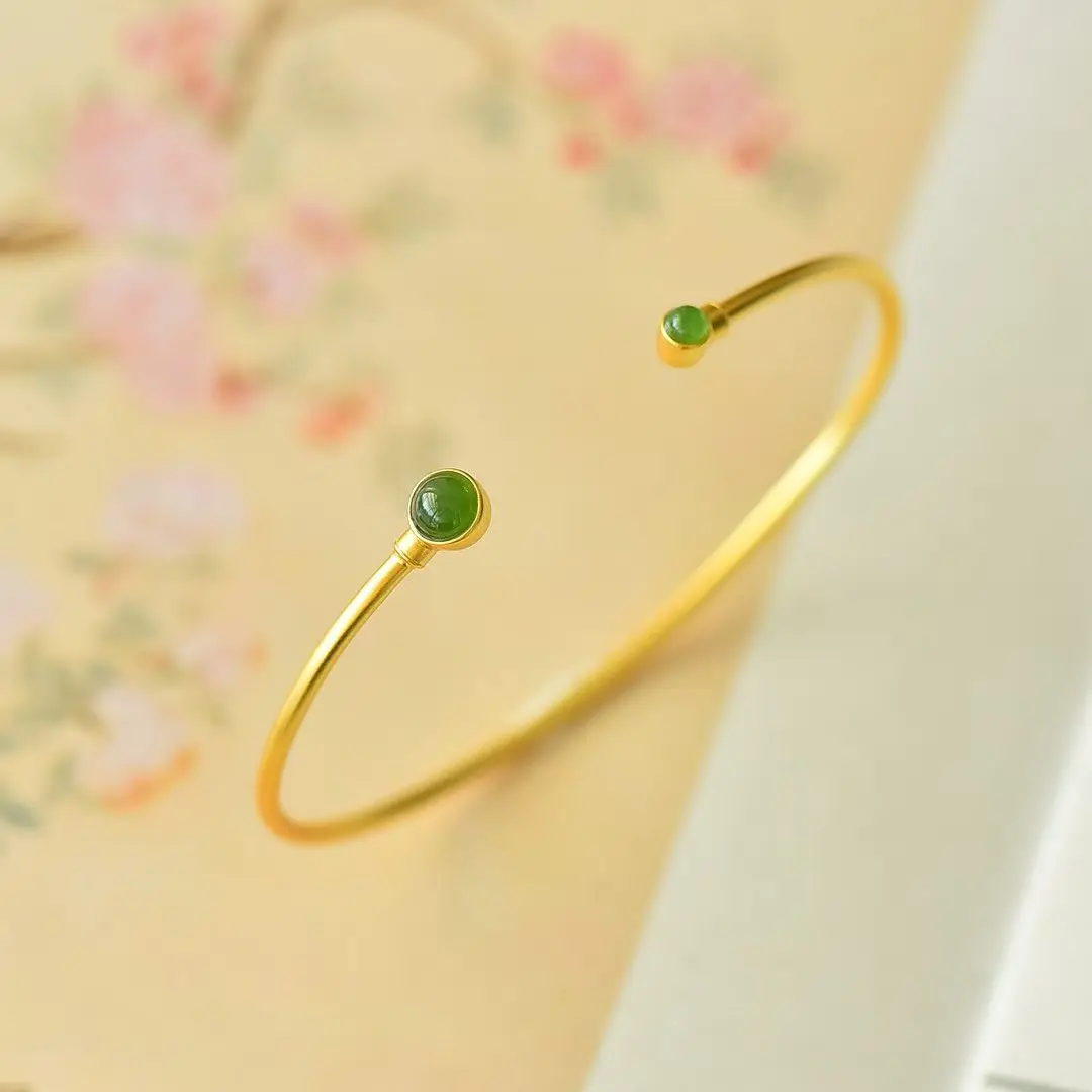 

Certificate 925 Silver Natural Nephrite Open Bangle 18K Gold Thick Plated C Shape Real Green Jade Cuff Bracelet Simple Jewelry
