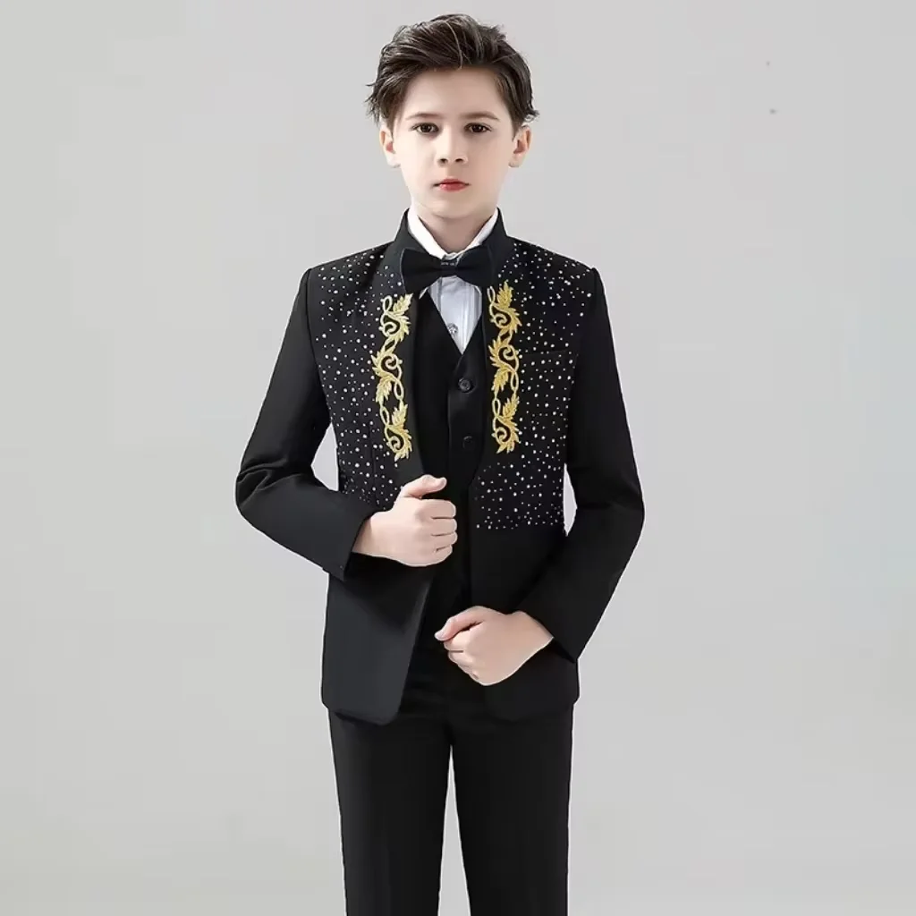 Ragazzi vestito nero vestito da ragazzo 3 pezzi Set Costume ricamato tempestato di diamanti vestito da festa formale bambini 3-16 anni Blazer di moda