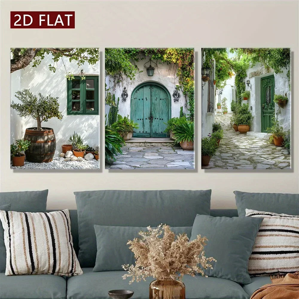 Frameless 3pcs Canvas Painting 2D Flat, 2D Flat, 3pcs Framed Mediterranean Doorway Art Prints Poster, Rustic Stone Path Canvas P