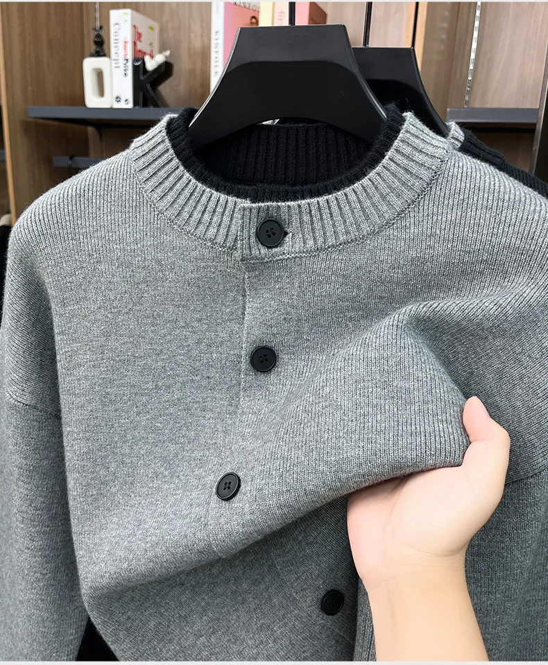 Hochwertige Strickjacke Männer Persönlichkeit Doppelschicht Rundhalskragen Neue Mode Weich Komfort Warm Herbst Winter Pullover Mantel – Detail 3