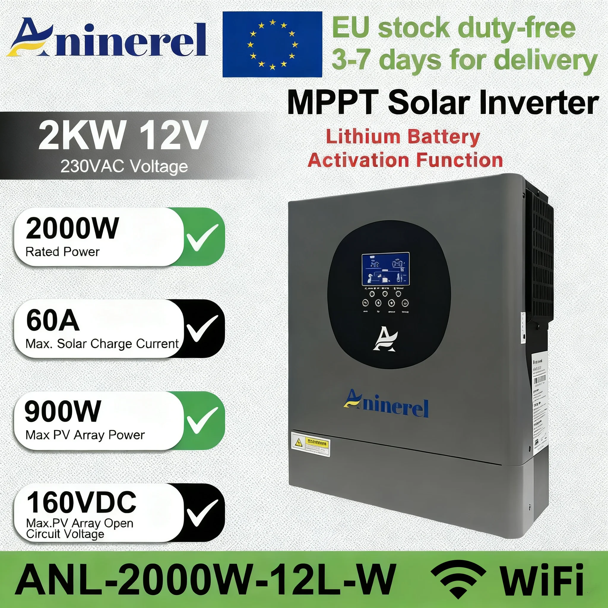 아니네렐 2KW 4.2KW 하이브리드 태양광 인버터 온그리드 + 오프그리드 230Vac 순수 사인파 인버터 MPPT 태양광 충전기 PV 60-500VDC WIFI