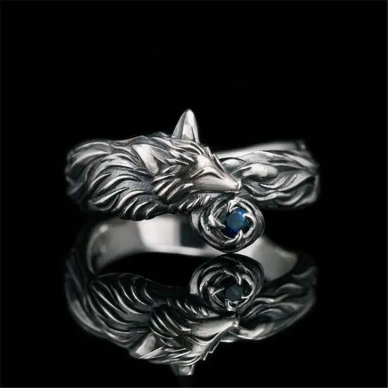 Vintage Blue Crystal Fox Animal Ring European And American Women's Punk Index Finger Ring Creative Jewelry Gifts Wholesale