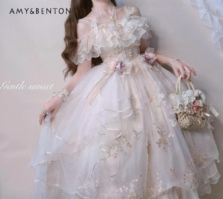 エレガントなフェアリースタイルロリータドレス甘いかわいいリボンビーズパールストラップ JSK ハイウエストスリムミッドレングスドレスイブニングドレス