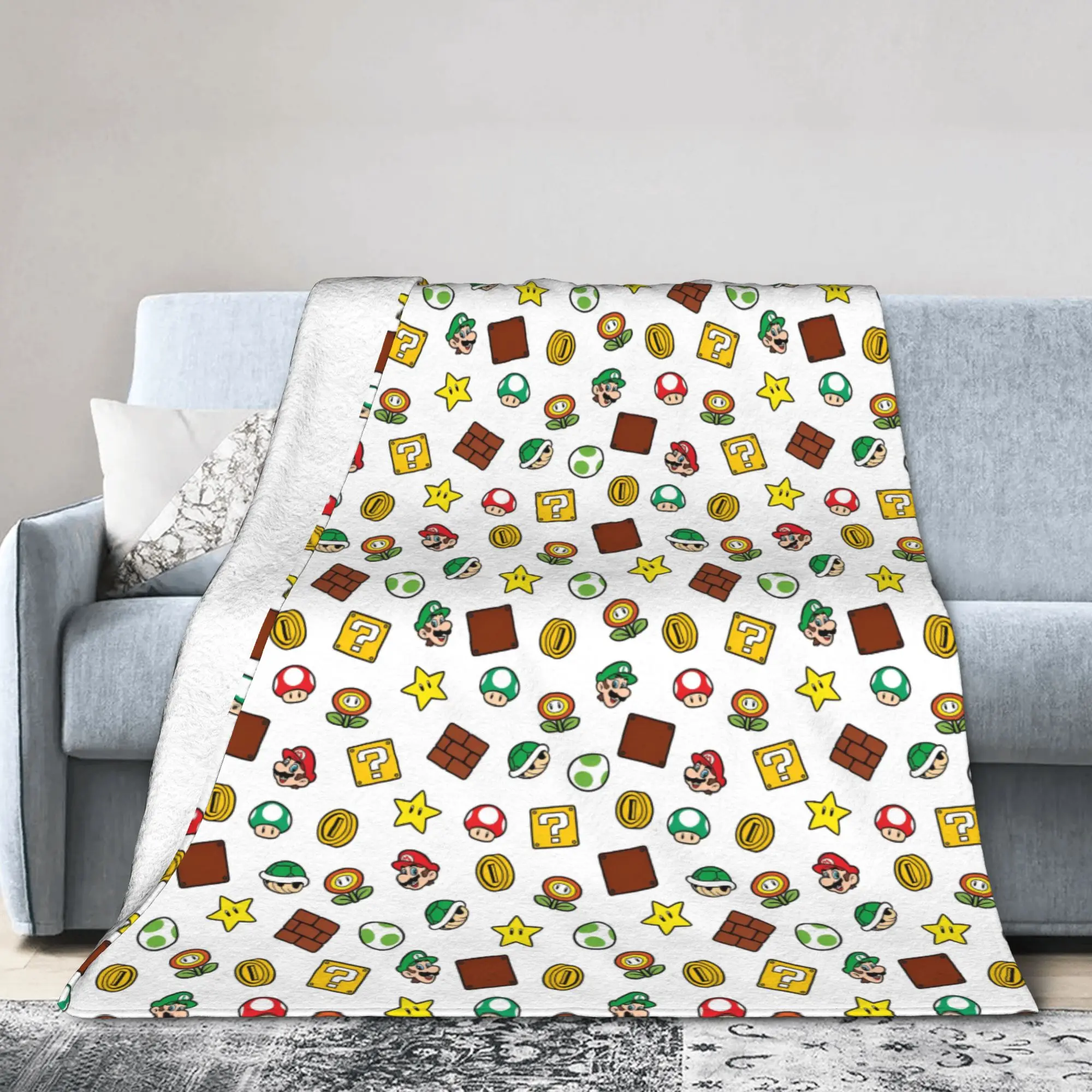 M-M-ar-ios  Game Cartoon Blankets Flannel Summer Air Conditioning  Portable Ultra-Soft Throw Blanket for Bed Car Bedspread