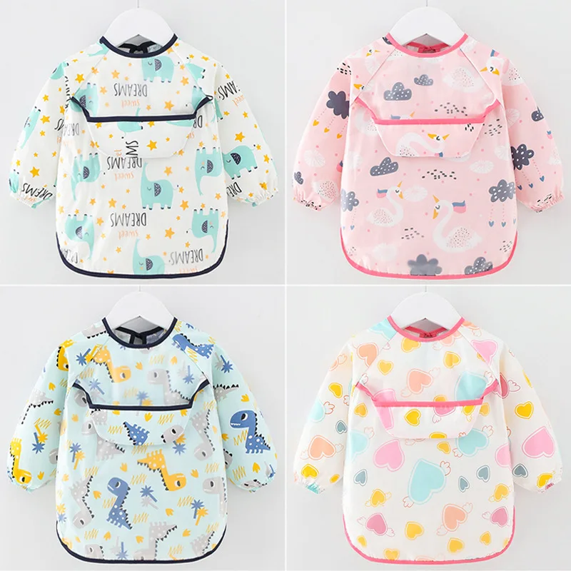 New Children Feeding Aprons Long Sleeve Baby Bib with Pocket Full Cover Kid Gown with Bag Waterproof Long-Sleeve Smock