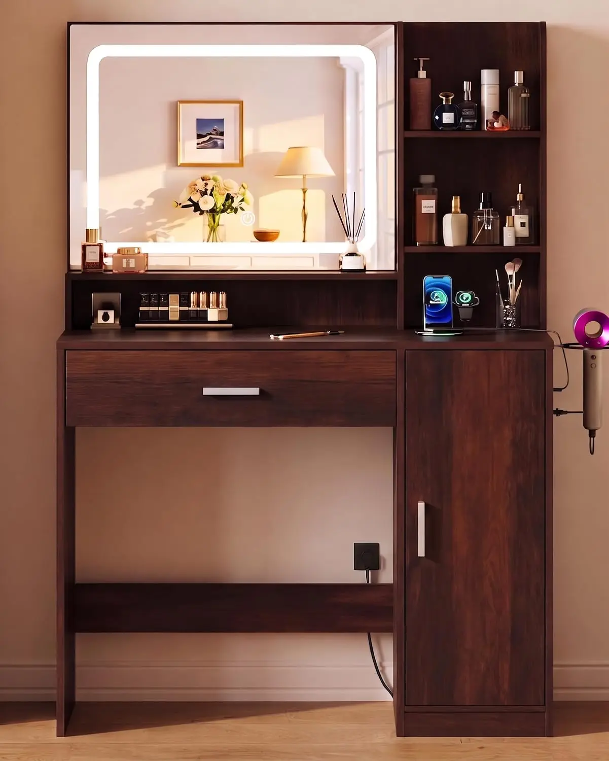 Brown Vanity Desk with Mirror & Lights, LED Strip, 1 Drawer Cabinet & 3 Shelves Power Outlet, Bedroom Dressing Table, Customized