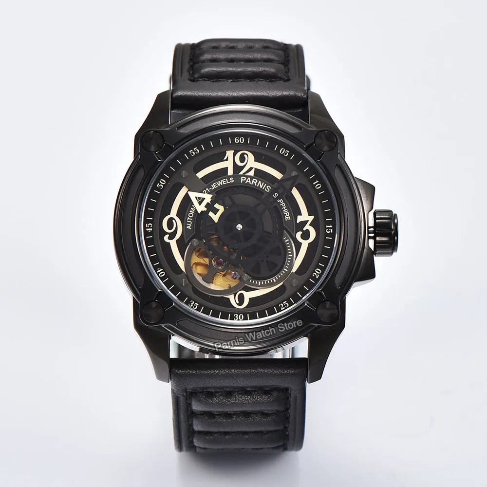 Parnis 44mm esqueleto hombres reloj de pulsera relojes mecánicos Japón Miyota82S5 mecánico militar piloto reloj oro rosa negro plata