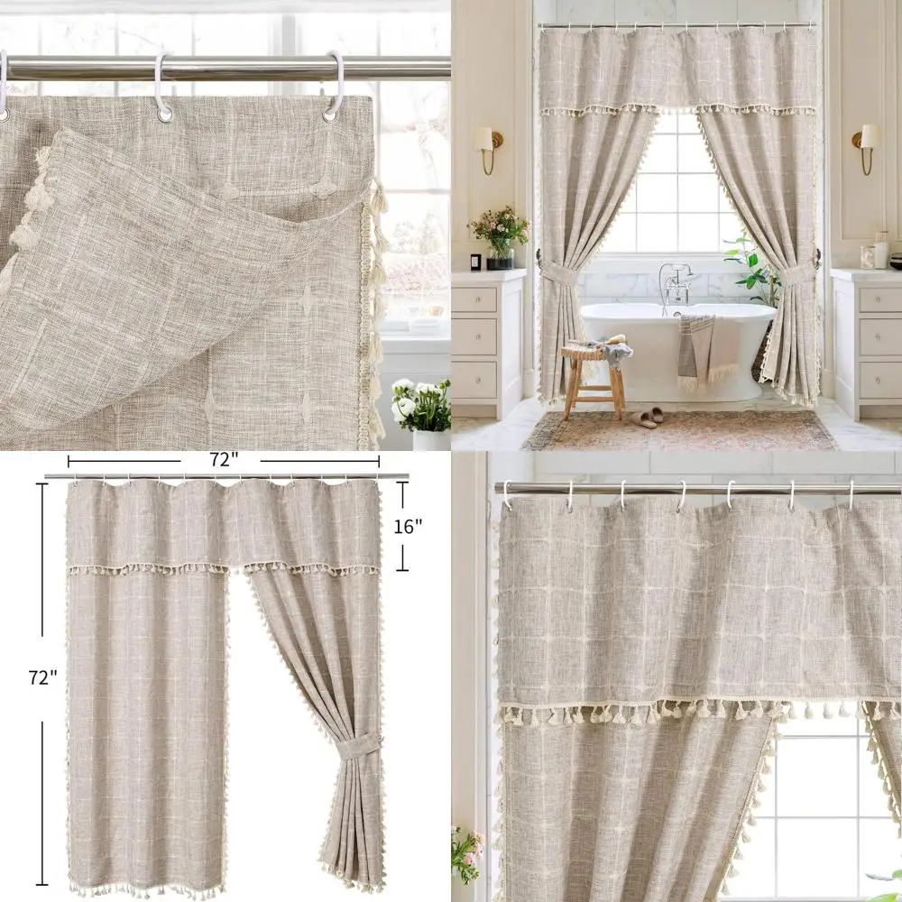 

Brown Polyester Linen Shower Curtain, 72x72 with Hooks, Boho Style Bathroom Decor