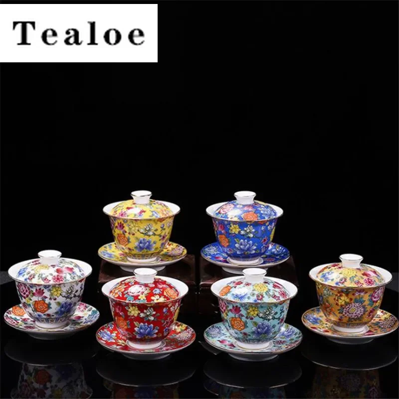 

200ml Chinese Traditions Gai Wan Enamel Color Kungfu Tea Set Large Tea Bowl White Porcelain Tea Cup and Saucer Set Travel Teapot