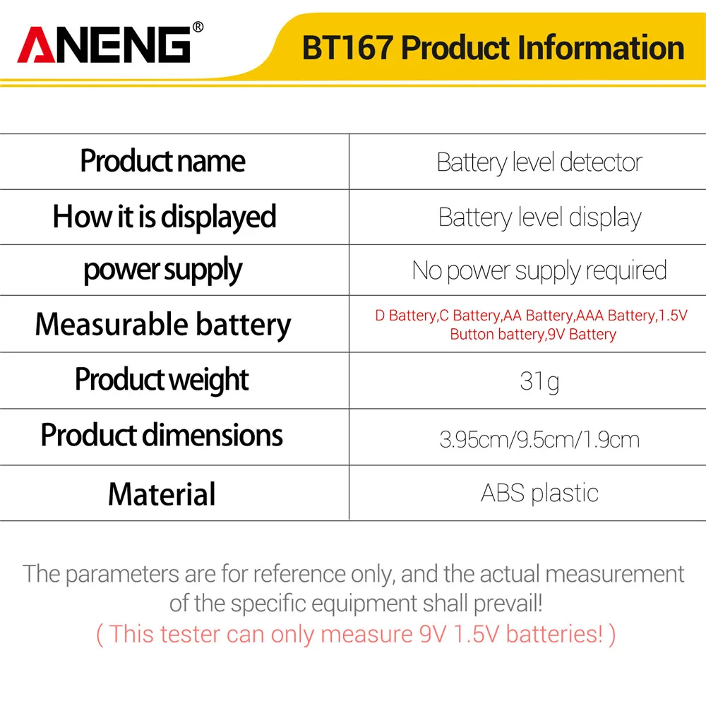 ANENG BT167 Battery Level Detector Tester Multifunctional Quickly Measure Battery Level ABS Plastic Precise Measurements Tools