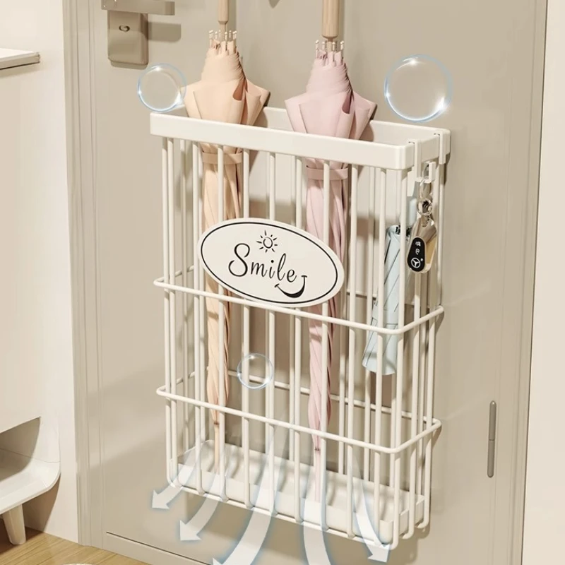Scandinavian Carbon Steel Umbrella Holder with Auto-Drip Collection Cup Anti-Tip Base Magnetic Door Back Wall Organizer