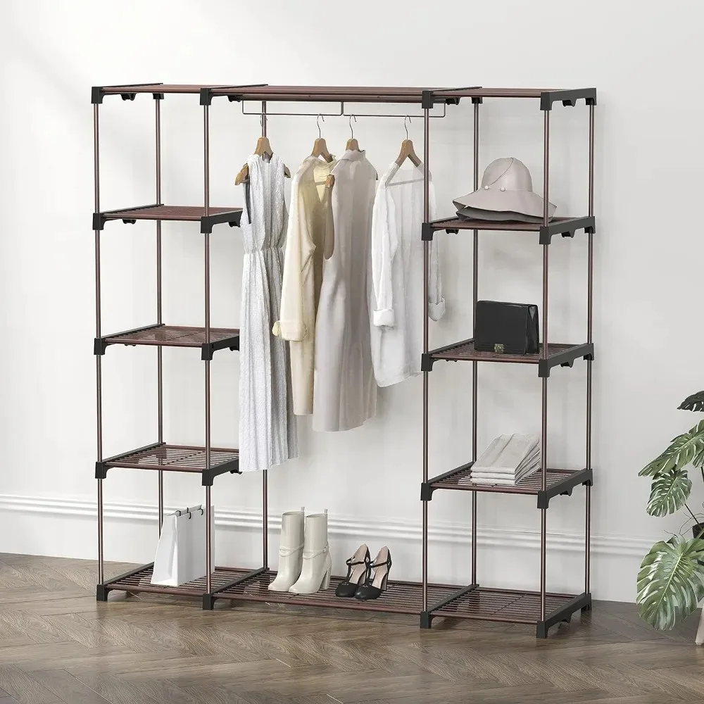 

Wardrobe Portable Closet Clothes Rack Shelf Organizer, 8 Durable Wired Shelves 2 Sturdy Hanging Bars, Sturdy Metal Construction