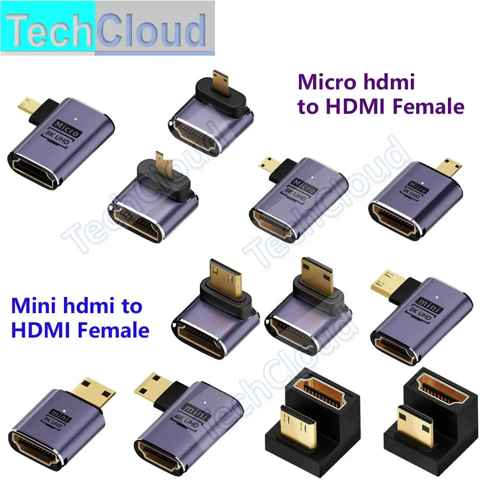 UHD 8K 60Hz HDTV V2.1 Adapter 180 Degree down Angle Mini/Micro HD Male To HDMI-Compatible Female Adapter Connector