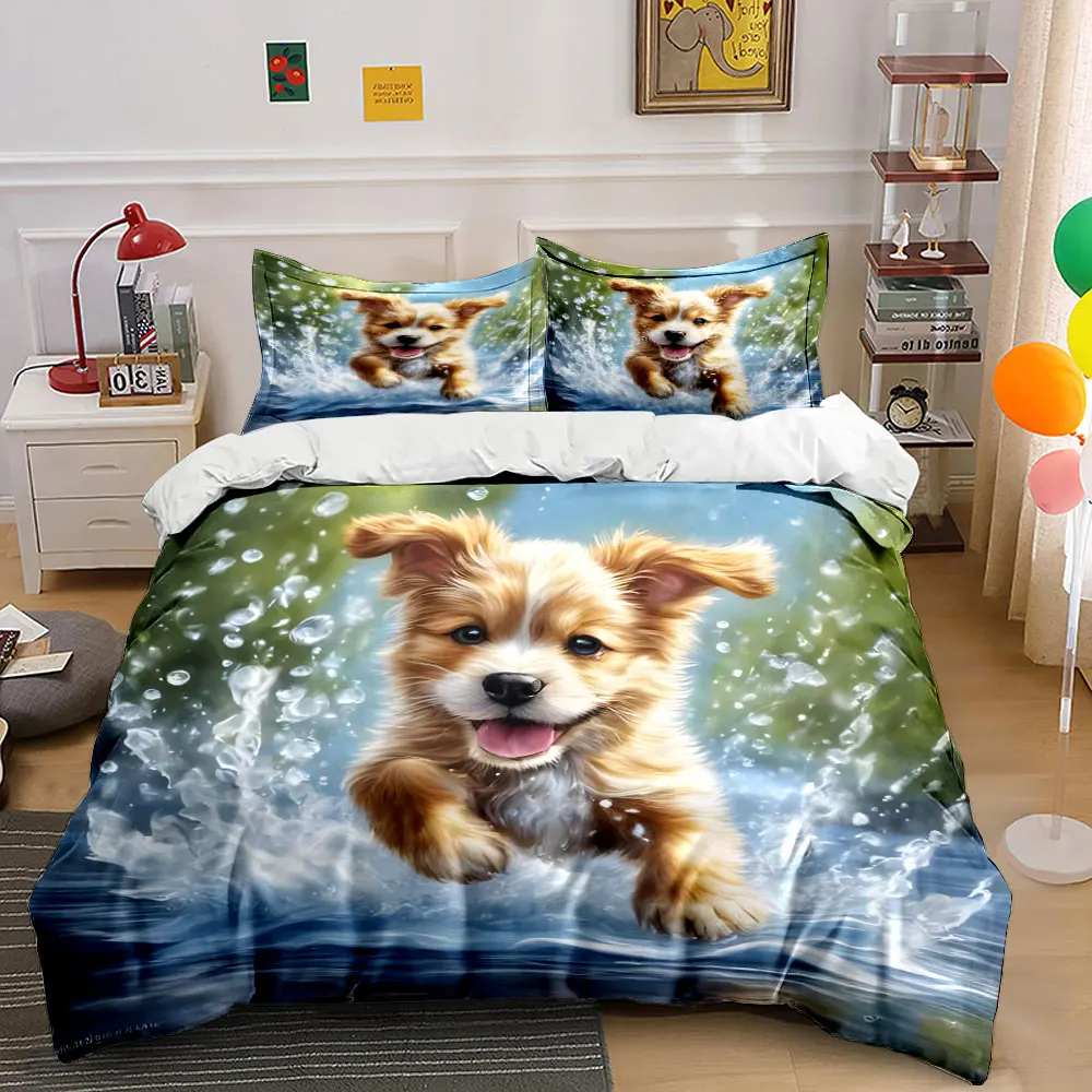 Energetic Puppy Splashing Water Print Soft Comfortable Duvet Cover Bedding Set Included 1*Duvet Cover 2*Pillowcases