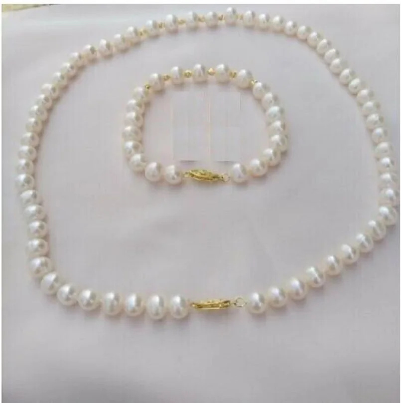 

Handmade 7-8mm AAAA white Akoya pearl bracelet necklace set with 14k gold buckle