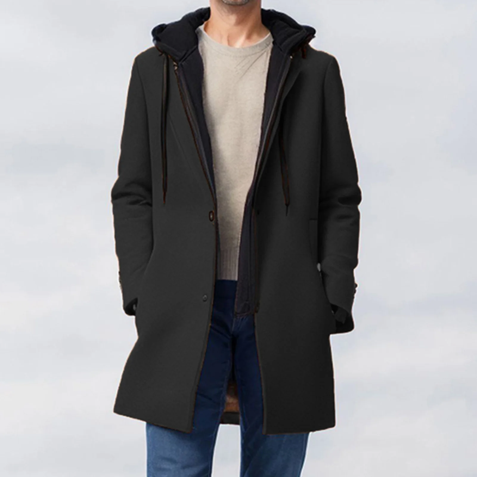 

Мужской плащ премиум-класса с капюшоном, повседневное двухсекционное пальто длиной миди с длинными рукавами, куртка на зиму и осень