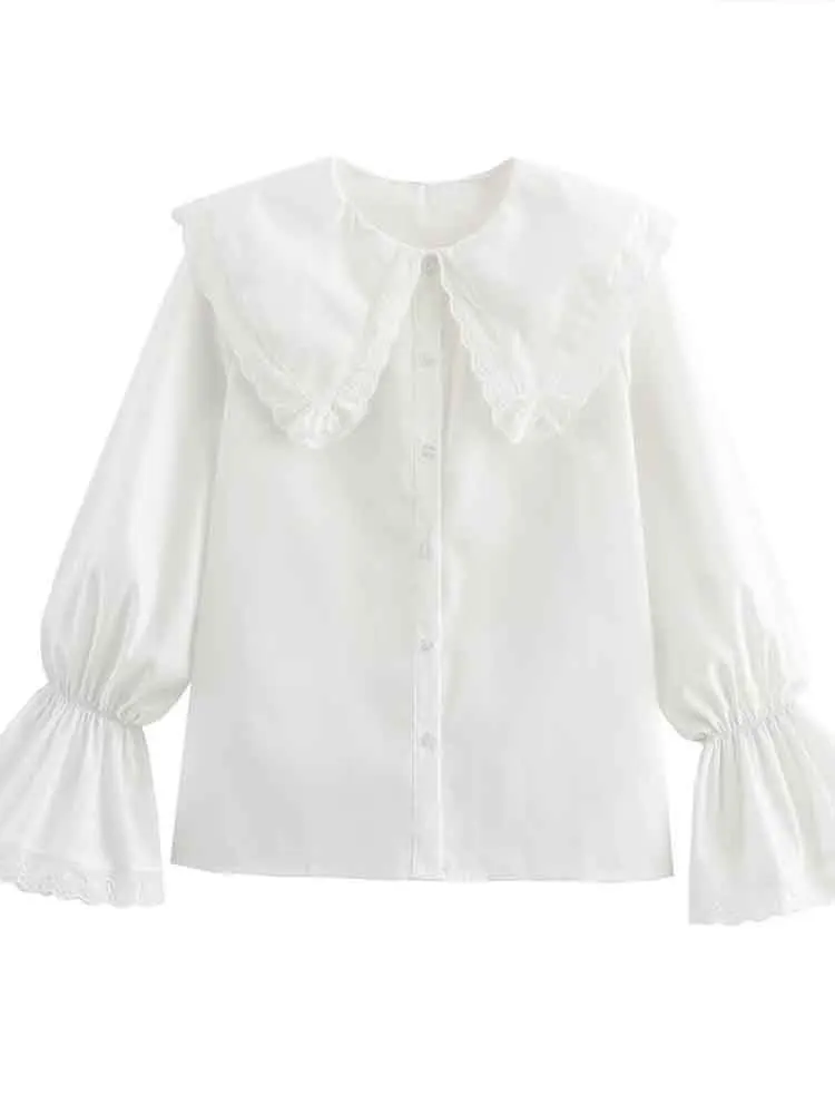 

European style new women's fashion versatile temperament solid color lace splicing doll collar long-sleeved shirt