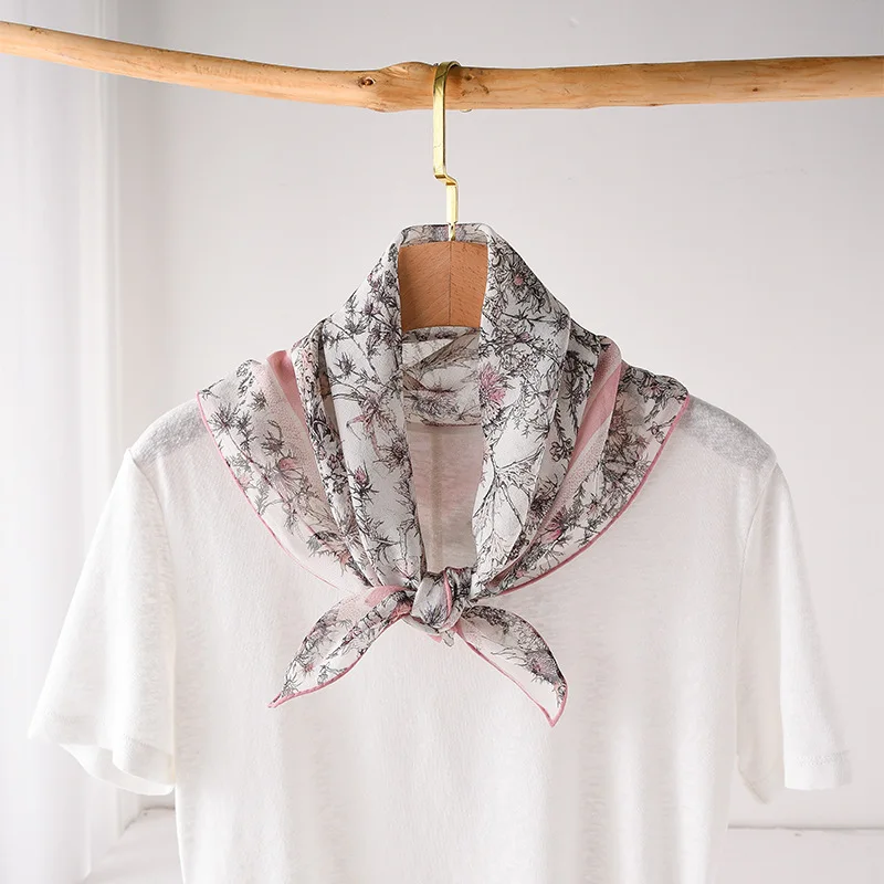 

100% Silk Neck Scarves Woman Accesories Brand Luxury Scarf Pink Patchwork Leaves Print Scarf Elegant Womens Shawl