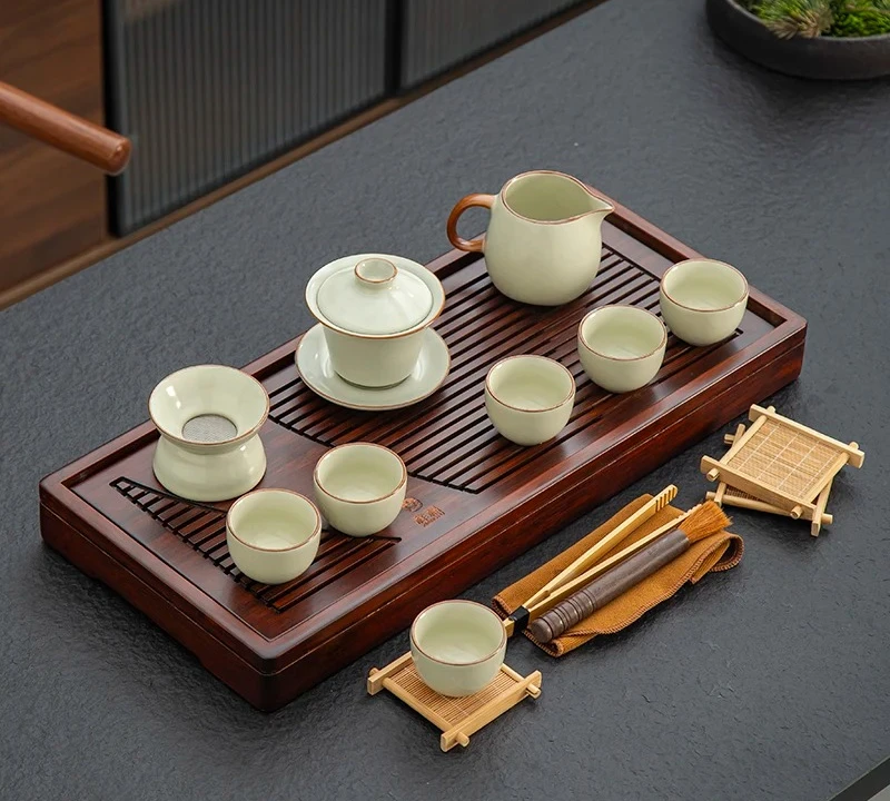 Kung Fu Tea Set Solid Wood Tea Tray Teapot 20-piece Tea +  black teapots
