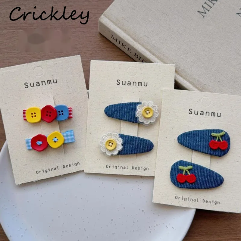 

Cute Buttons Flowers Children Hairpin Embroidery Cherry Kids BB Hair Clip Denim Bangs Girls Sweet Headwear