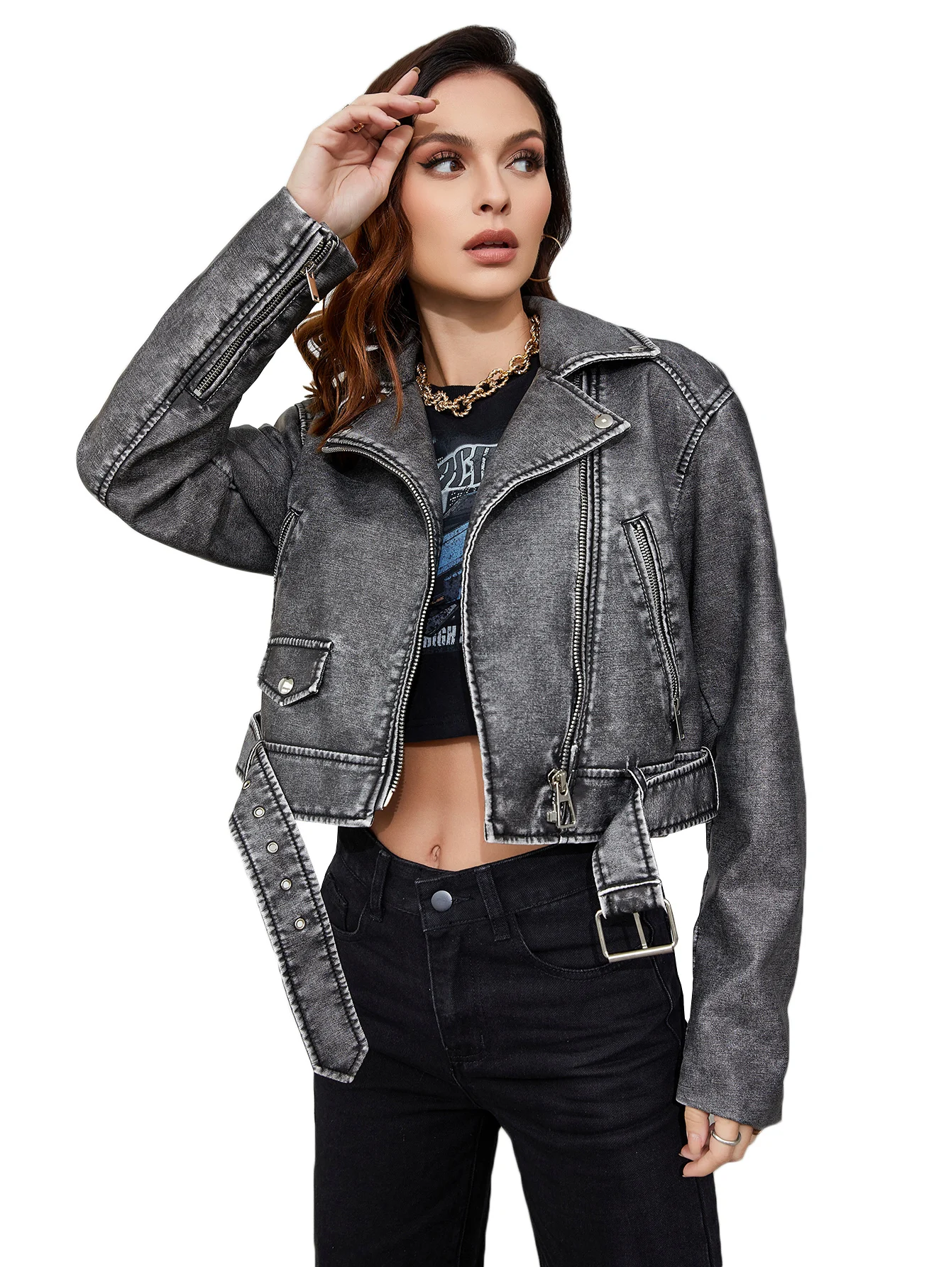 FTLZZ-Jaqueta de couro PU falso feminino, jaqueta curta vintage com zíper lapela senhora, outwear de motocicleta High Street