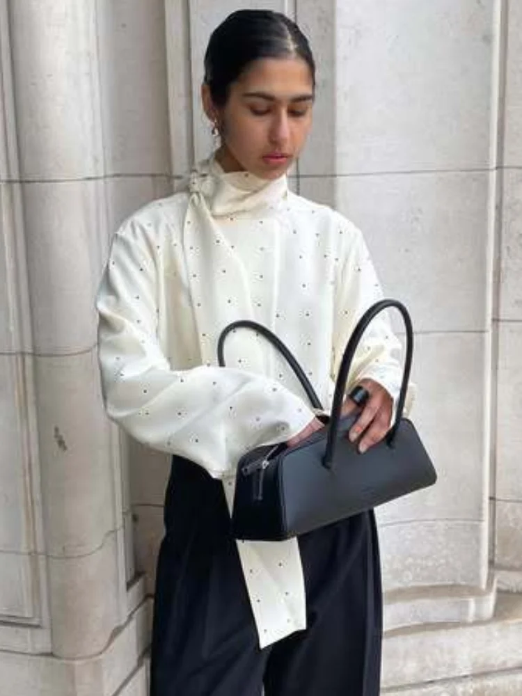 وشاح من الساتان الرقبة البولكا نقطة الطباعة المرأة بلوزة موضة كم كامل فضفاض الأساسية قميص سيدة الخريف جديد Highstreet تخفيف ارتداء #2