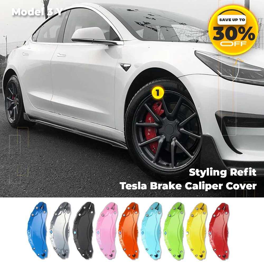 

Tesla 2017-2023 Model Y Model 3 Brake Caliper Covers Accessories with TESLA Decals Front and Rear Brake Caliper Tuning