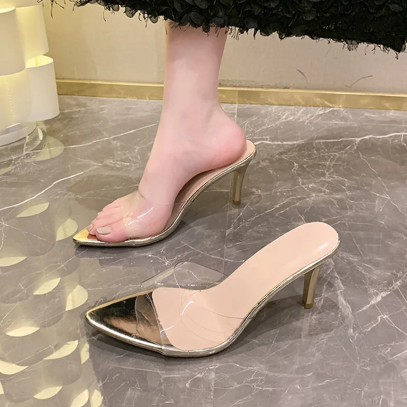 Simple Mid-heel Pointed Slippers Women Sandals 2025 Summer High-heeled Womens Shoes Sexy Outside Modern Fashion Slides Size 42
