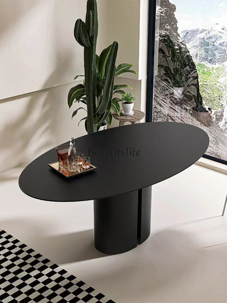 Light luxury rock slab marble dining table French compound ancient oval solid wood