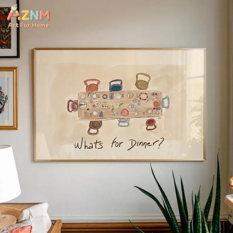 AZNM Whats For Dinner Canvas Print Hand Drawn Dining Table Plate Chair Sketch Minimalist Neutral Wall Poster Unframed Kitchen Di