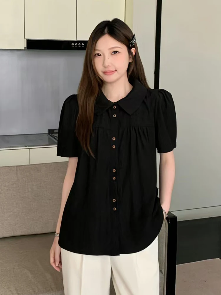 

Summer Casual Style plus Size Doll Collar Shirt Short Sleeve Skin Concealing Slimming Top Trendy Versatile Comfortable Breath...