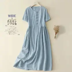 Womens Cotton And Linen Dress Short Sleeved Chinese Button Long Dress