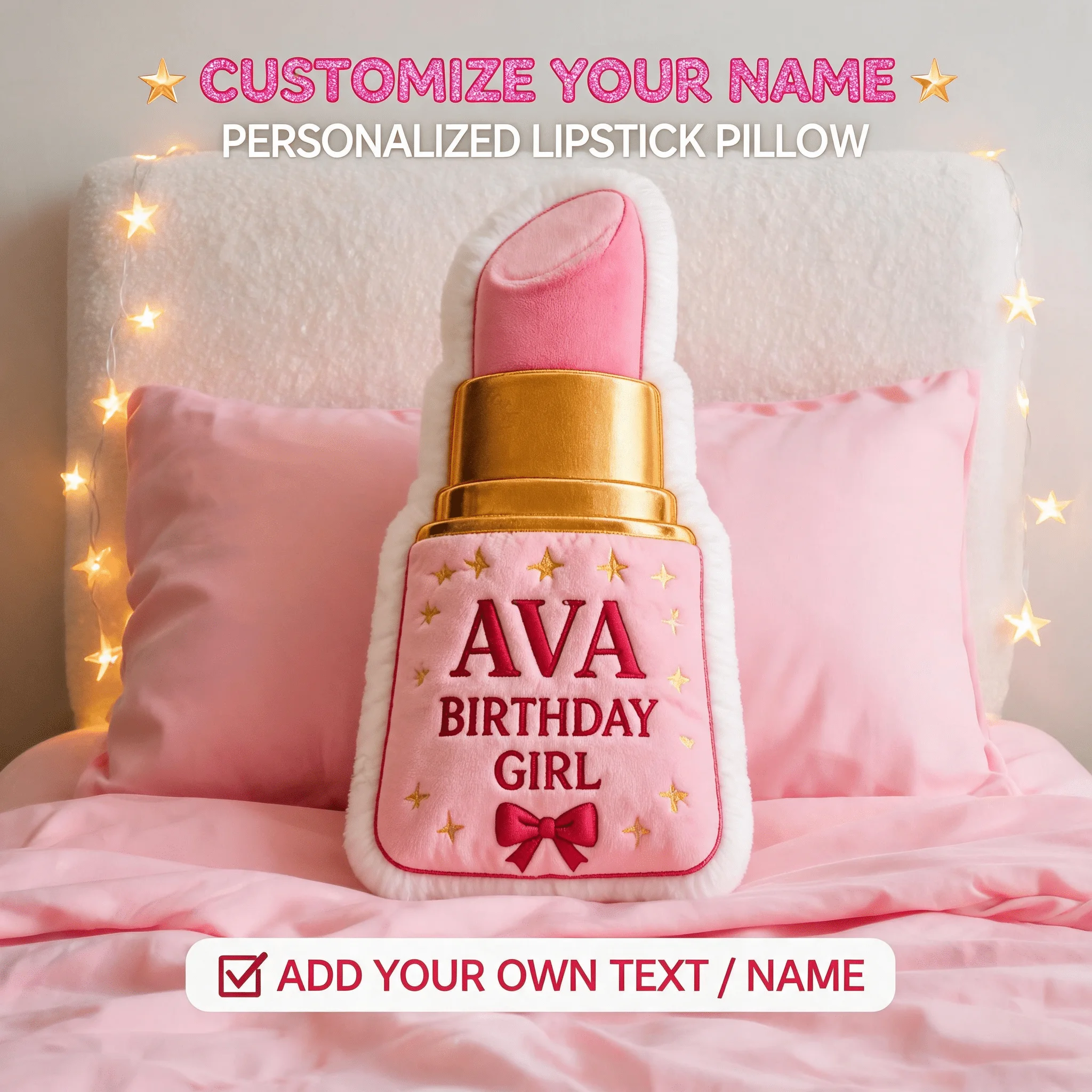 Custom Personalized Photo Lipstick Shaped Pillow, Pink Gold Star Decorative Cushion, Unique Home Decor Accent for Sofa &