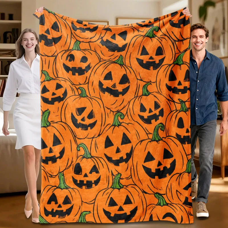 

1 piece Halloween pumpkin orange flannel blanket, soft, suitable for sofa, bed, office, all-season use.