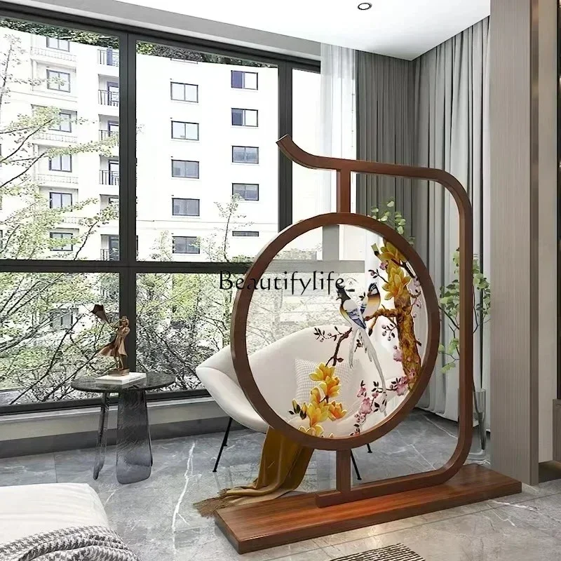 03.New Chinese Style Pure Solid Wood Seat Screen Entrance Partition Classical Style Elegant Double Sided Embroidery