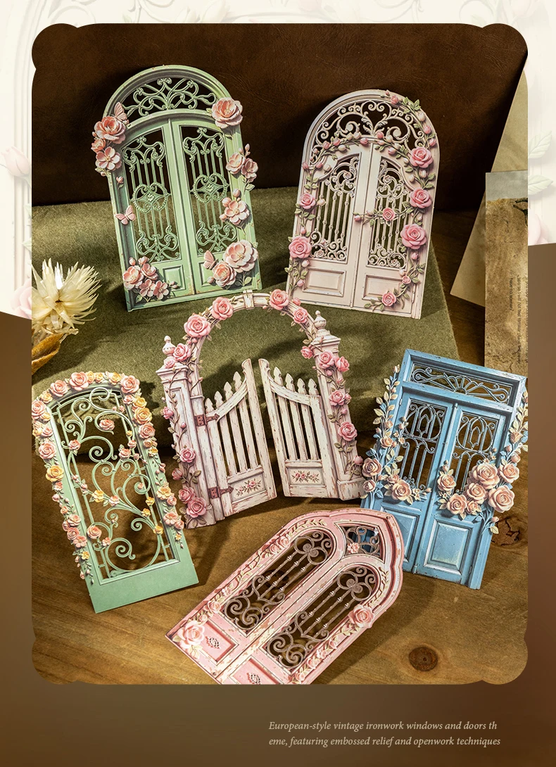 Journal GO 10pcs Garden Flower Gate Embossed Stickers 3D Wood Paper Floral Iron Gate Decal for Journaling Scrapbooking Card DIY