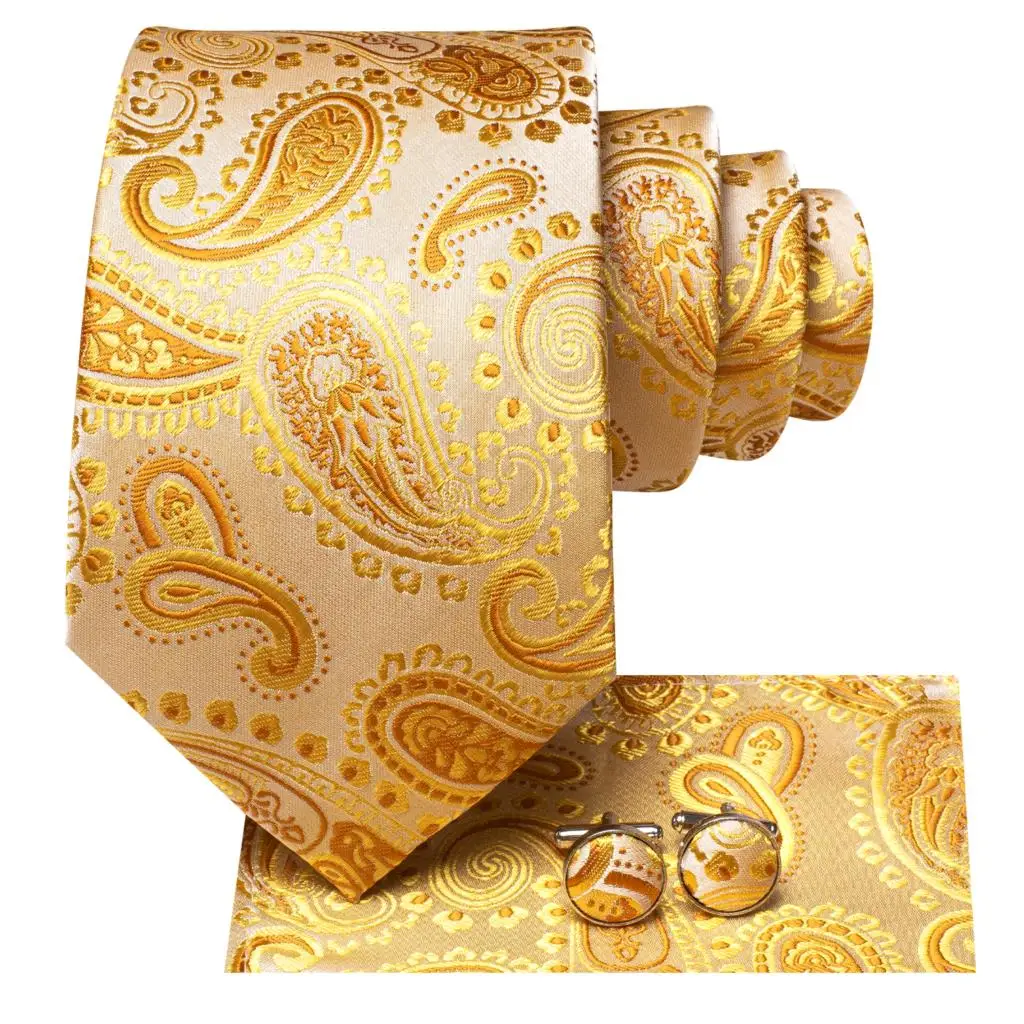 Elegent Tie for Men 2023 New Design Yellow Gold Paisley Fashion Brand Wedding Party Necktie Handky Cufflinks Wholesale Hi-Tie