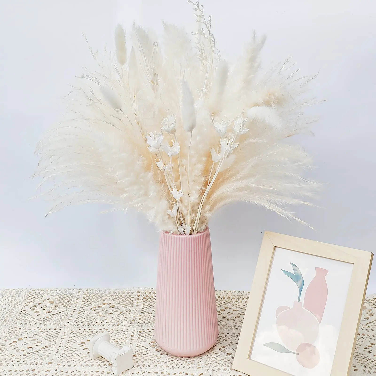 White Natural Pompas Floral Dry Flower Wedding Bouquet Boho Style Home Pampas Decor for Table Party Living Room Office Bedroom