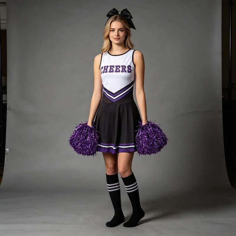 Cheerleader Performance Costume 4-Piece Set with Bow Tie & Pom Poms Stage Dance Outfit for School Squad