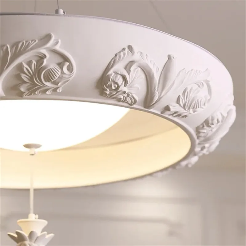 Artistic Carved Plaster Chandelier Led White Resin Gypsum Round lamp Living room Dining room Bedroom French Court hanging Lamp