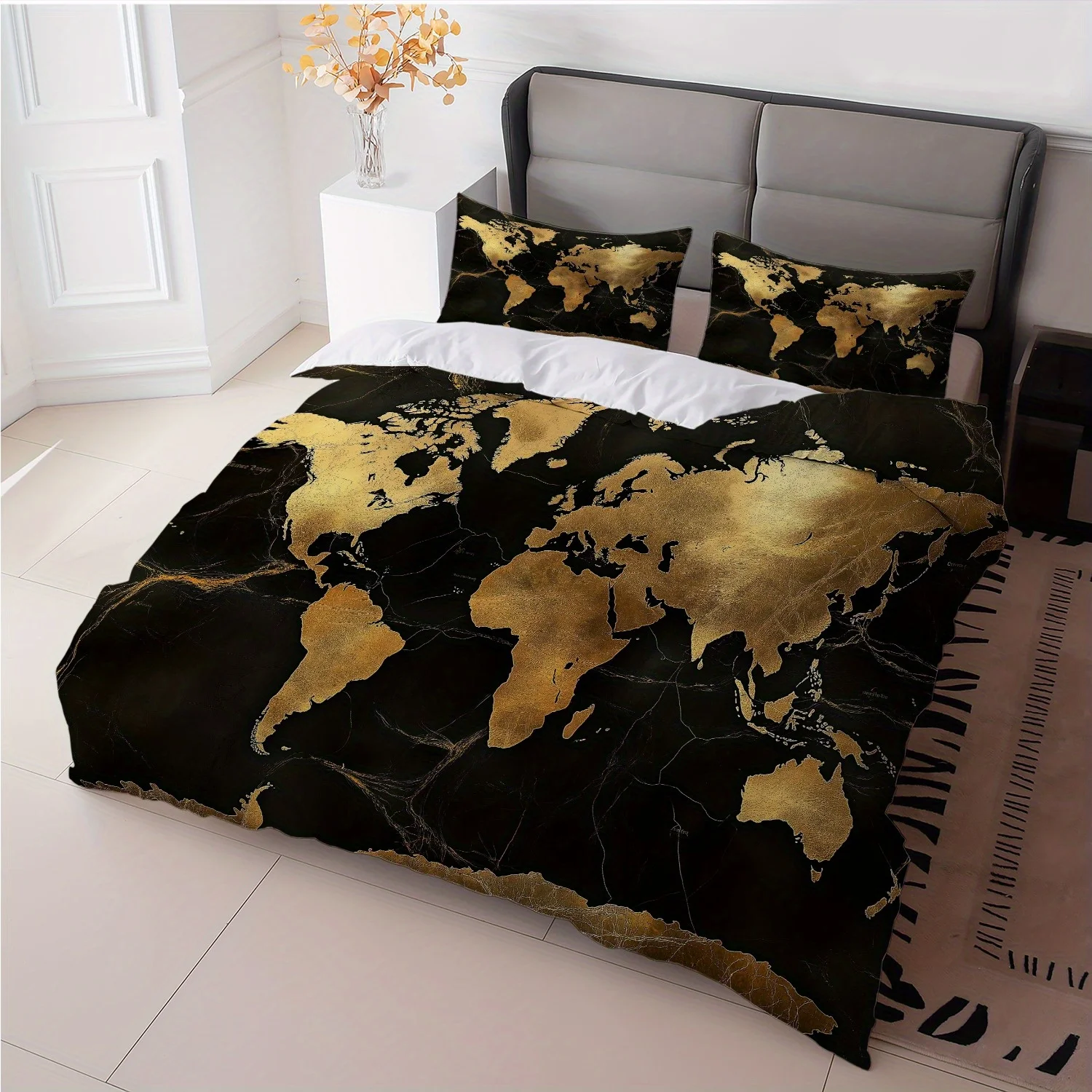 3Pcs Black Golden World Map Duvet Cover Set, Luxury Polyester Bedding with Pillowcases, Zipper Closure All Season for Modern Bed view 6