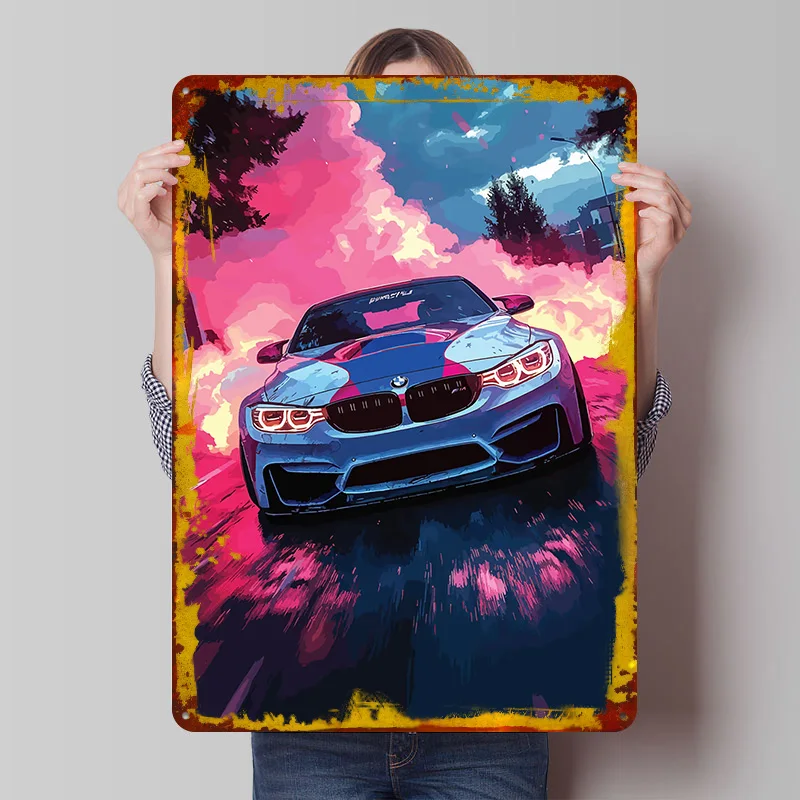 Sportliches Driftfahren im Nebel Auto-Metallposter Individuelle Wandkunst Retro Vintage Blechschilder für Männerhöhle Dekoration Zuhause Wanddeko