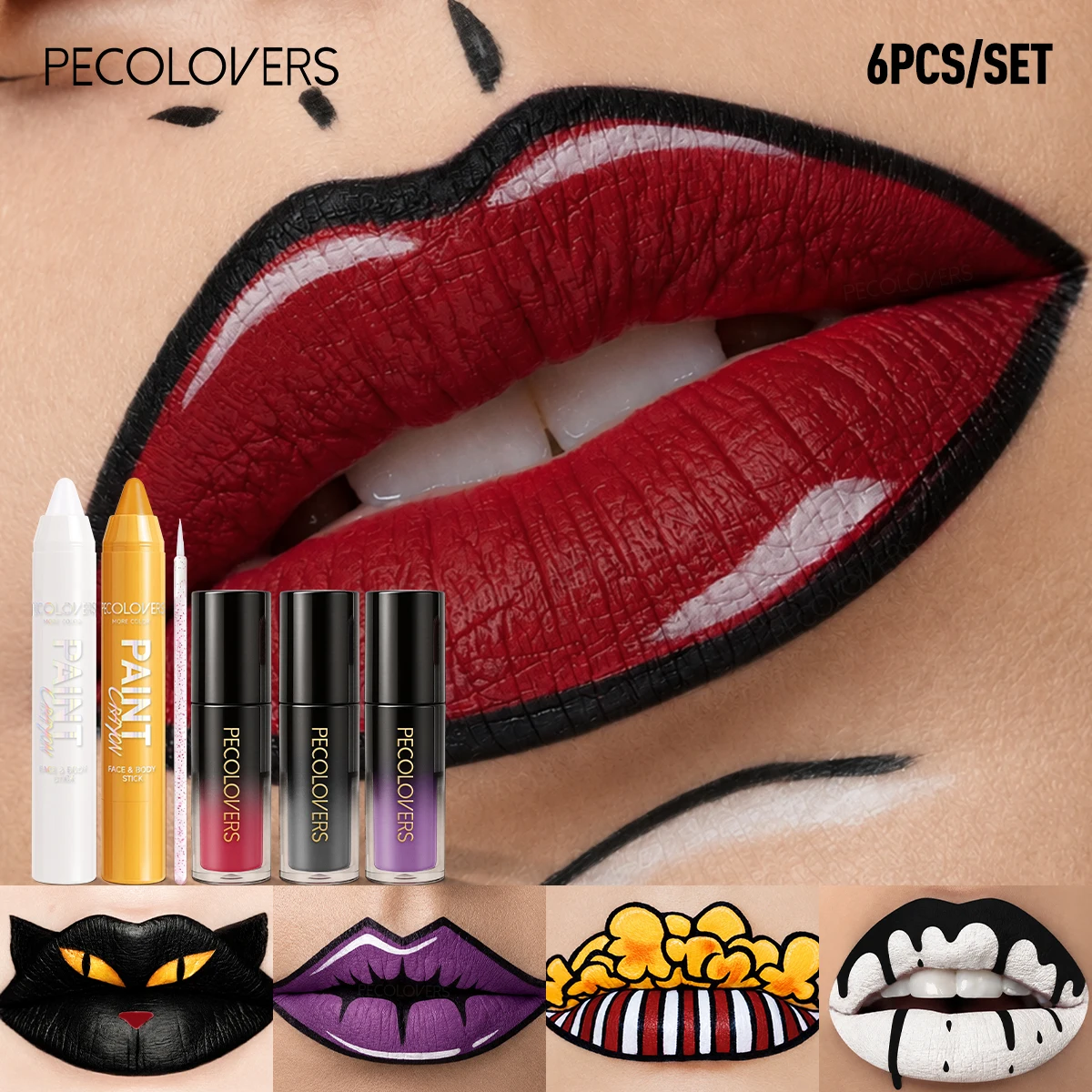 6PCS/SET Halloween Face And Lip Paint Set, 2 Paint Pens, 3 Liquid Lip Colors, 1 Detail Brush, Quick-Dry Smudge-Proof Formula, Long-Wear Non-Sticky Finish, Great for Spooky Holiday Looks
