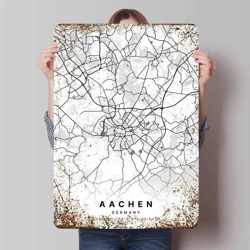 Aachen Germany City Map Tinplate Sign Map Poster Wall Decor Custom Metal Signs for Wall Art Decoration Aesthetic Room Decor Men