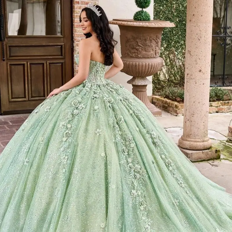 Sage Green Shiny Quinceanera Dress Off The Shoulder Mexican Vestidos De 15 Princess Sweet 16 Birthday XV Ball Gown Cinderella