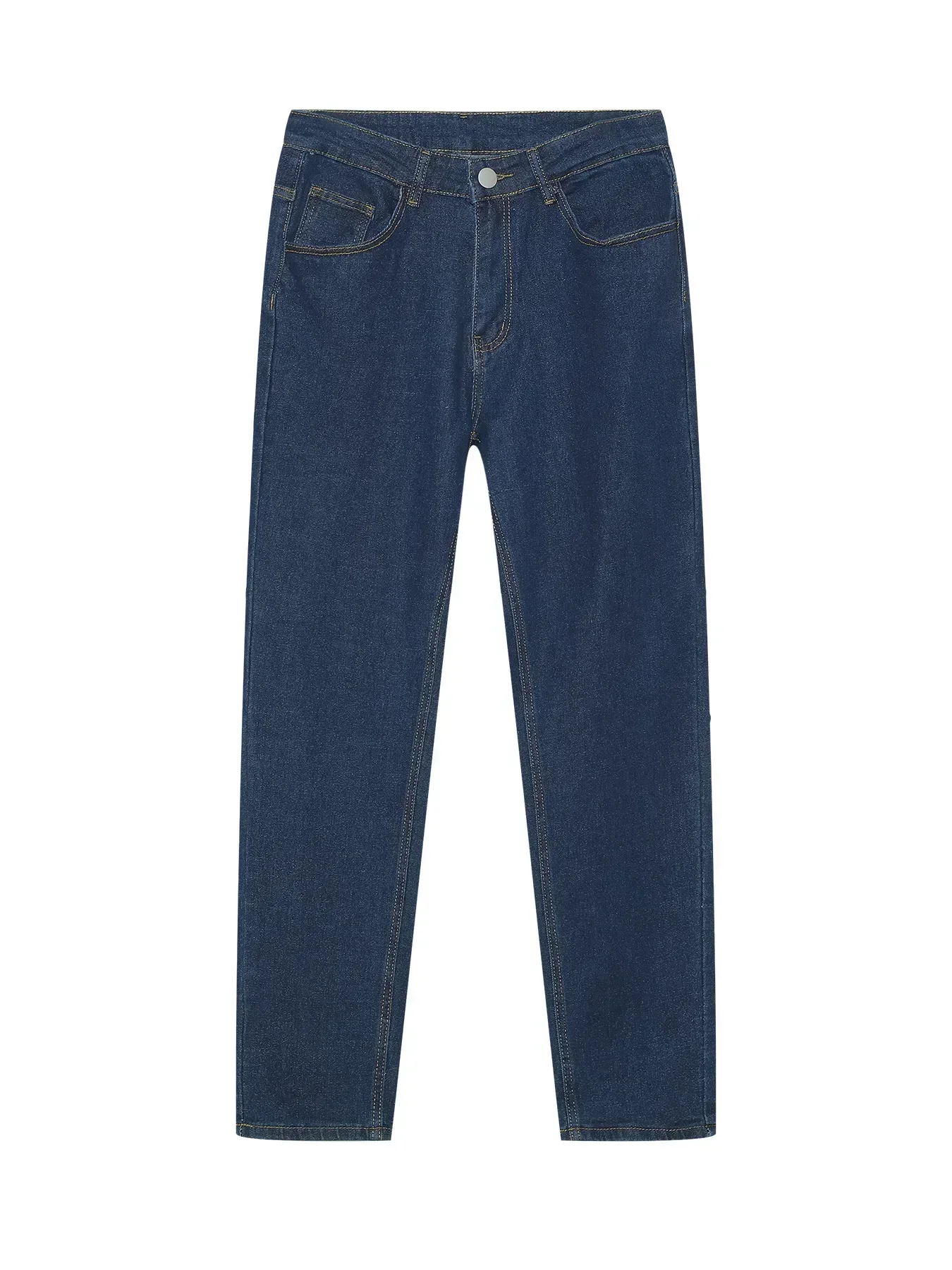 ตรงกางเกงยีนส์ผู้ชายฤดูใบไม้ร่วง Vintage Casual Denims สีทึบกลางเอวพื้นฐานข้อเท้าความยาวกางเกงยีนส์ยืดกางเกงดินสอ