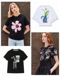 Spain foreign trade new fashion slim-fit flower print color contrast round neck women's T-shirt